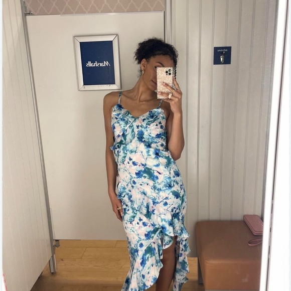 Japna Summer Asymmetrical Blue and White Ruffle Floral Midi Dress Medium - Picture 1 of 4